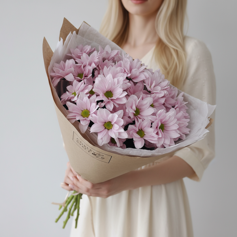 Buket iz 5 rozovih romashkovih hrizantem, 5 kustovih hrizantem