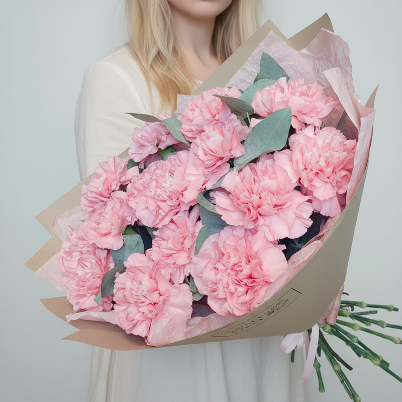 Buket iz 15 rozovih gvozdik s evkaliptom, 15 rozovih gvozdik