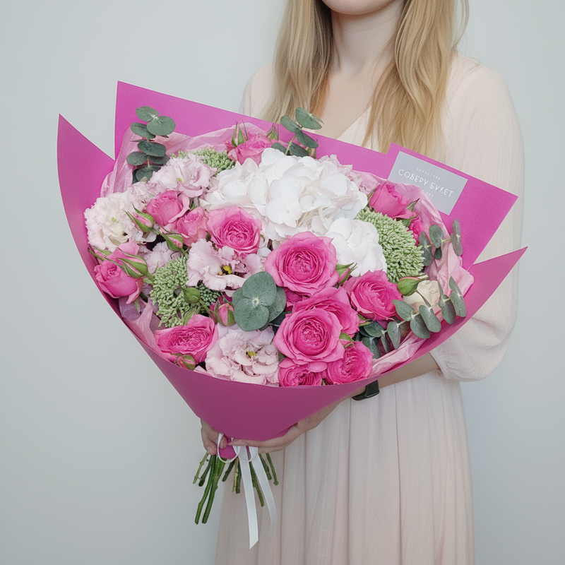 Avtorskij buket s pionovidnimi rozami i gortenziej, standart