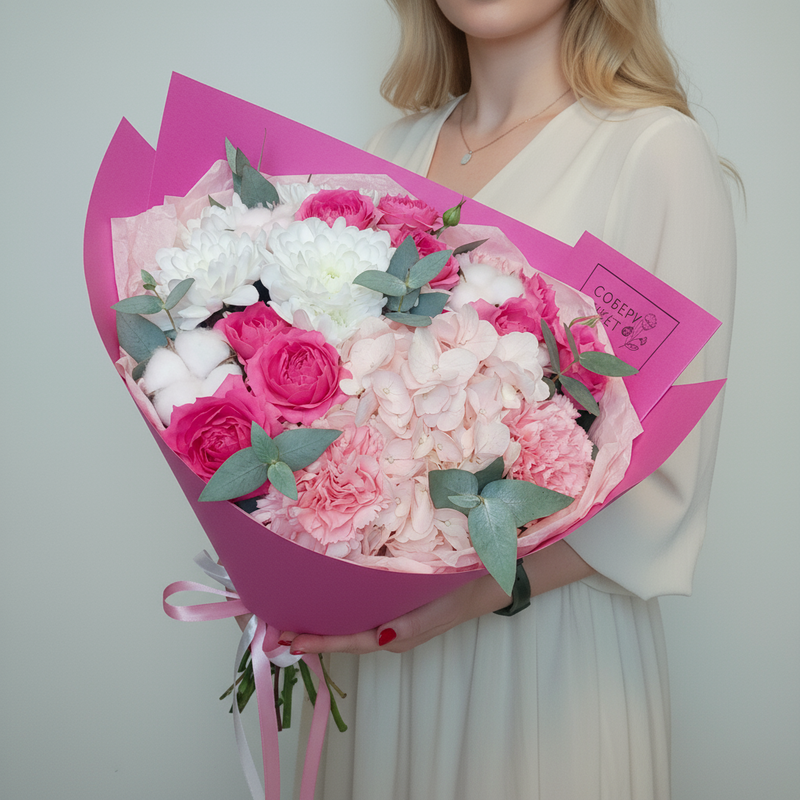 Авторский букет с пионовидными розами и гортензией, стандартный