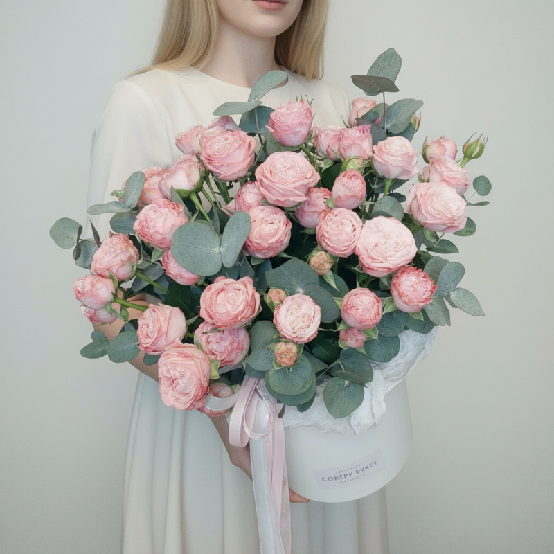 Шляпная коробка с пионовидными розами и эвкалиптом, стандартный