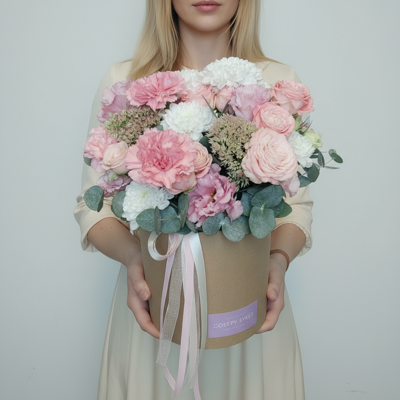 SHlyapnaya korobka s pionovidnimi rozami, gvozdikami i hrizantemoj, standart