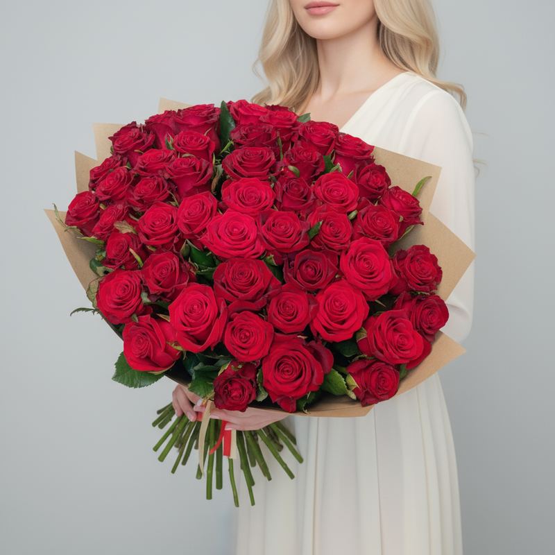 Buket iz 51 krasnoj rozi v krafte, 51 krasnaya roz