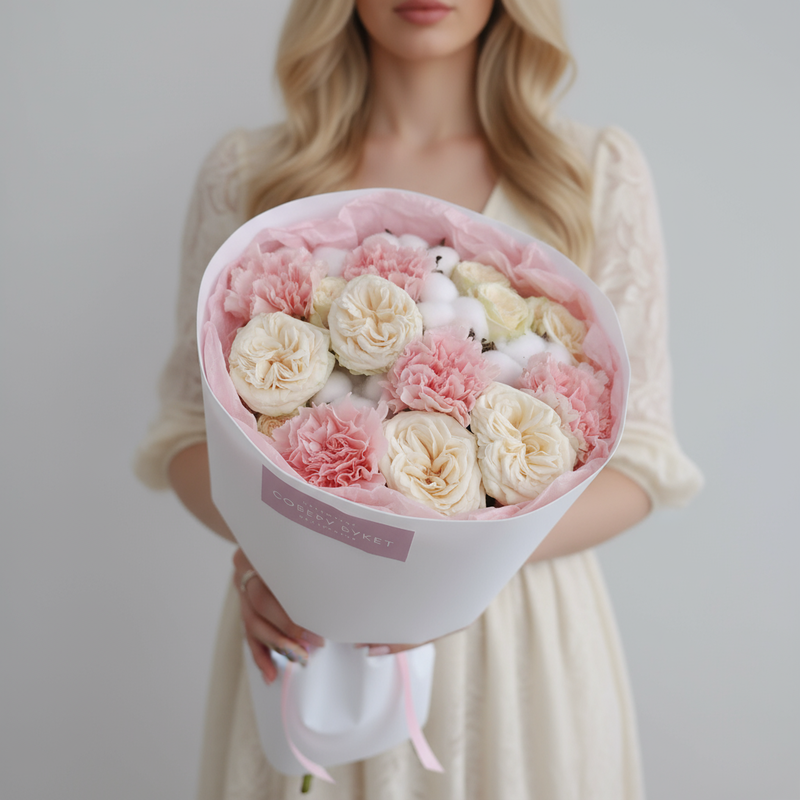 Buket s pionovidnimi rozami, hlopkom i gvozdikami, standart