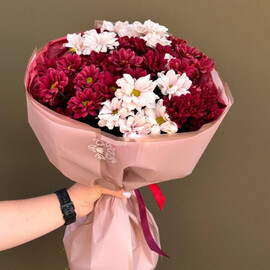 Букет их хризантем, красная и лавандовая кустовая