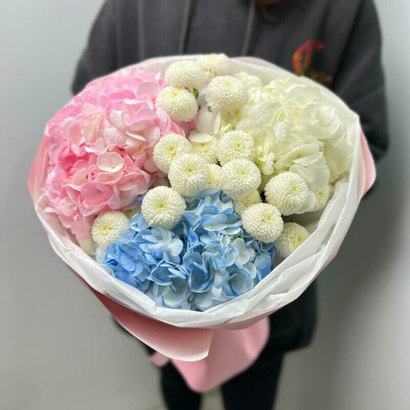 Nezhnie golubie i rozovie gortenzii s miloj hrizantemoj, standart