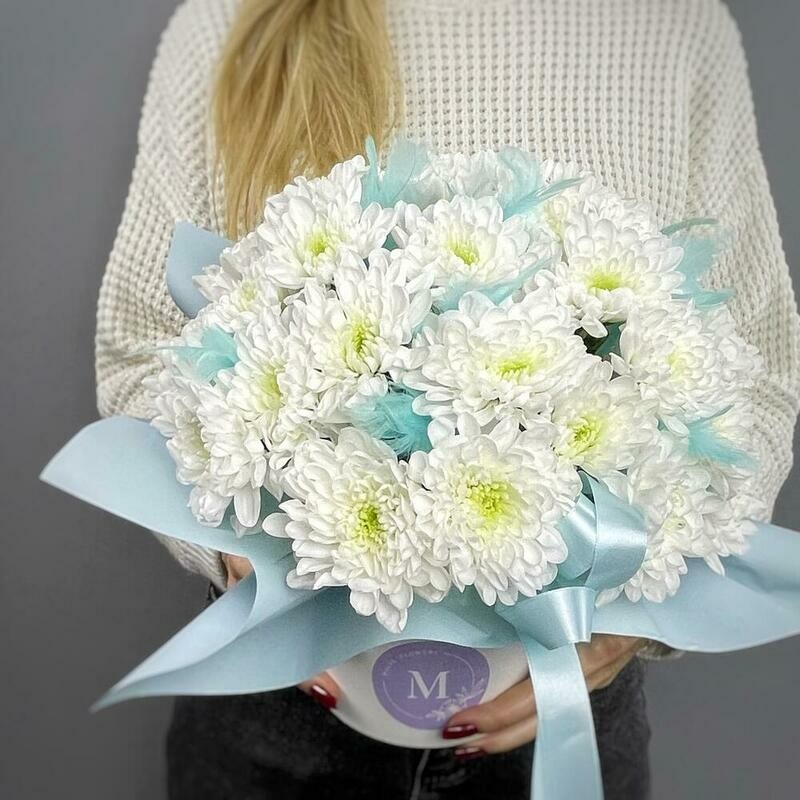 Кустовая хризантема с голубыми пёрышками в коробке, стандартный