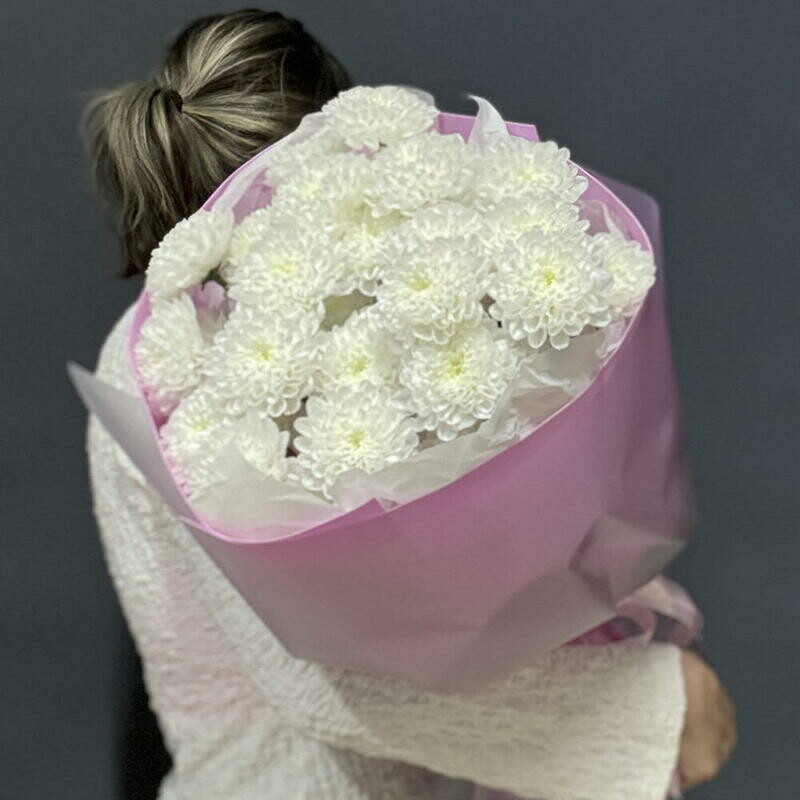 Букет из 5 белых хризантем в розовой упаковке, букет из 5 белых хризантем в розовой упаковке