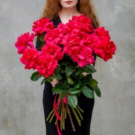 15 малиновых эквадорских роз Пинк Флойд с атласной лентой