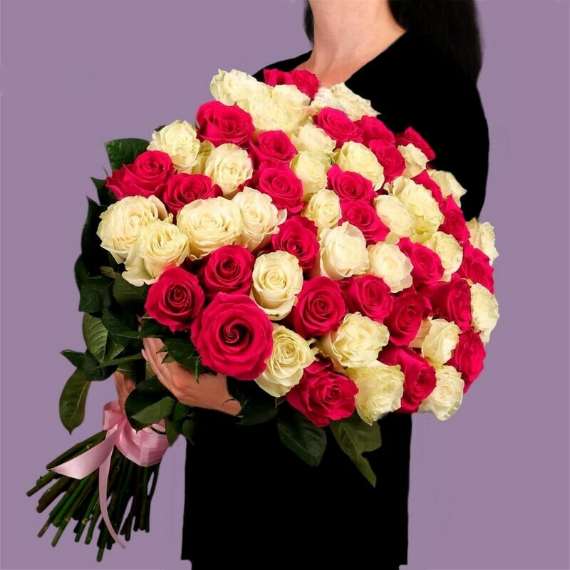 Букет 51 розово-белая роза Эквадор, букет 51 розово-белая роза эквадор