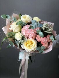 Powdery pink bouquet with hydrangea and peony-shaped roses