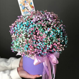 Радужная гипсофила в шляпной коробке