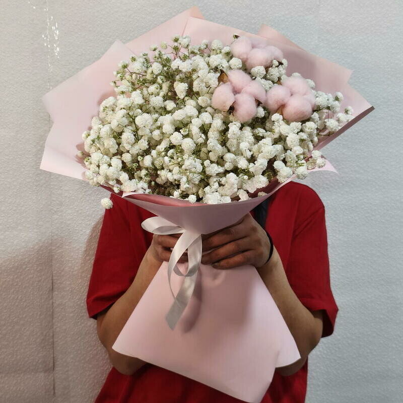 Букет из 5 белых гипсофил, и хлопка, стандартный
