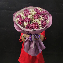 Букет из 11 гвоздик, и белой гипсофилы