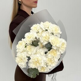 Buket iz belih gvozdik s evkaliptom