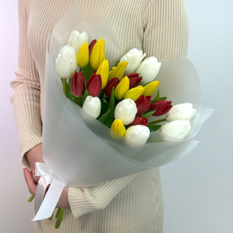 Букет из 25 тюльпанов микс в упаковке, стандартный