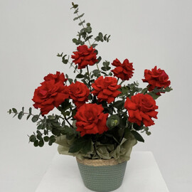 Krasnie frantcuzskie rozi v korzine s evkaliptom