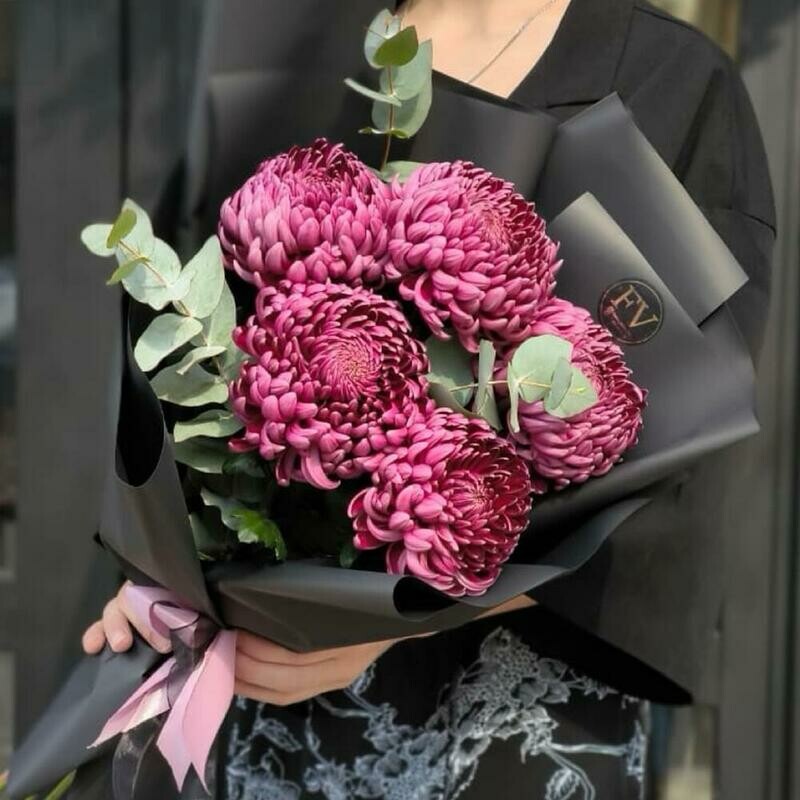 Букет из винных хризантем бигуди и эвкалипта, стандартный