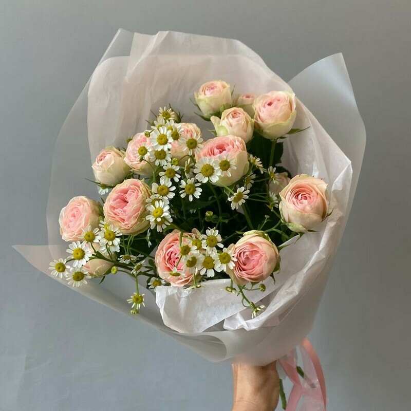 A box with a carnation and a rose, roza kustovaya s tanatcetumom