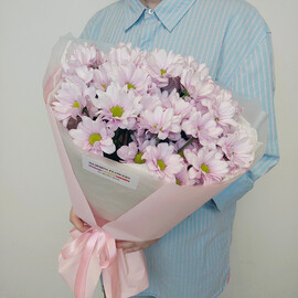 Buket rozovoj romashkovoj hrizantemi dlya mami