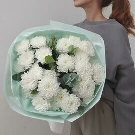 Kruglij buket hrizantem s evkaliptom "Plombir"