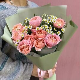 Kustovaya roza Dzhul_etta s romashkami