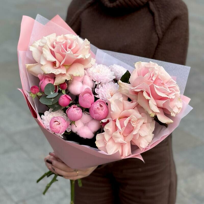 Delicate bouquet with bush and French peony rose, chrysanthemum and cotton, standart