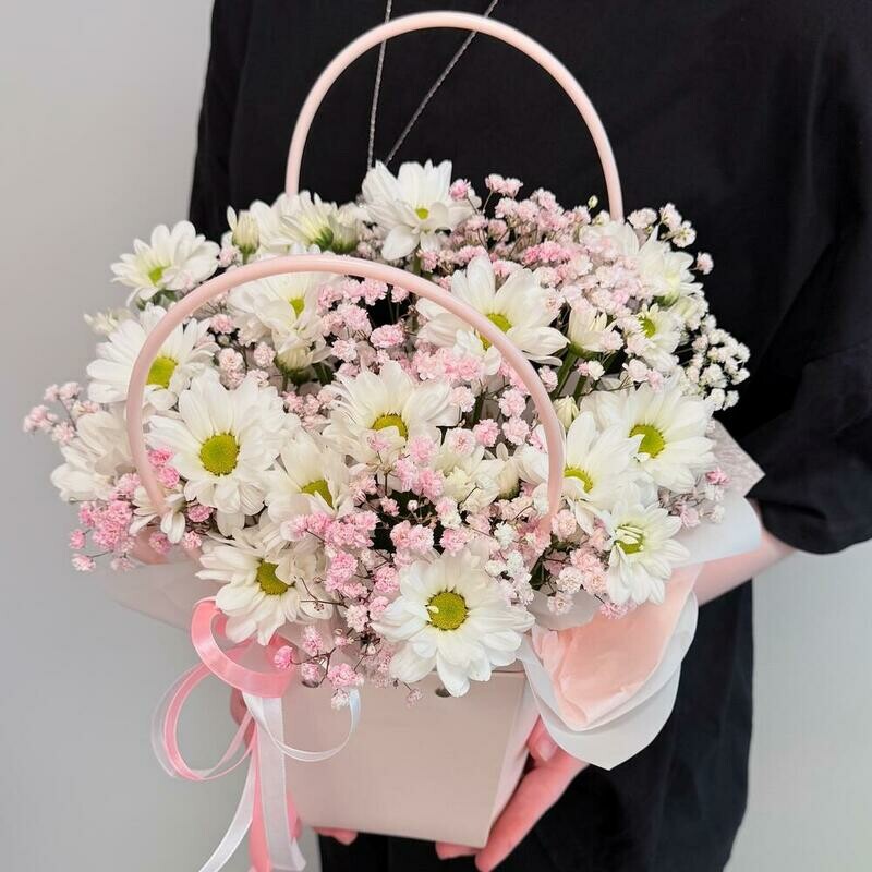 Kompozitciya v sumochke iz kustovoj hrizantemi romashka i rozovoj gipsofili, standart
