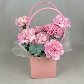 Rozovie diantusi v sumochke s evkaliptom