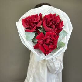 Buket iz 3 krasnih frantcuzskih roz s evkaliptom