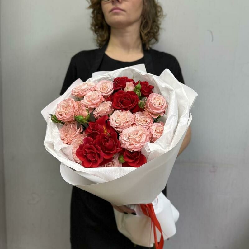 Пионовидная кустовая Роза мисс бомбастик с красными в круглой упаковке , стандартный