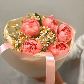 Rozovie pioni s romashkoj