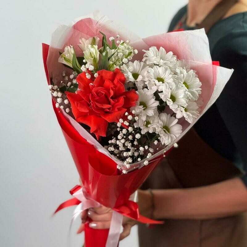 Buket kompliment iz krasnoj frantcuzskoj rozi, beloj hrizantemi i al_stromerii, standart