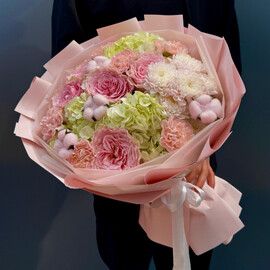 Букет Гортензия Роза Гвоздика Хлопок