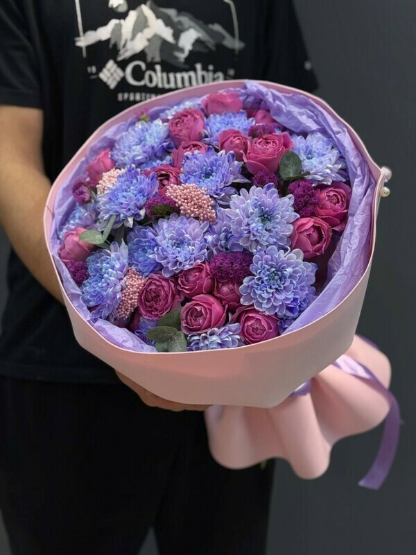 Букет Пионовидная Роза Misty Bubbles и Хризантемая Алтай Кустовая Пион, премиум