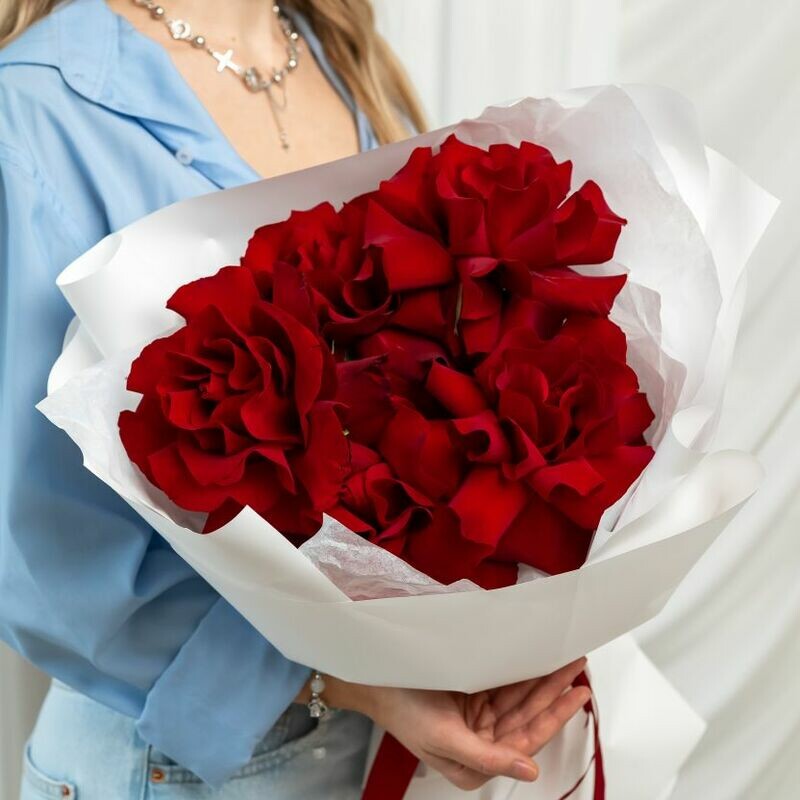 5 Красных Французских роз в дизайнерской упаковке, стандартный