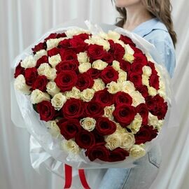 101 krasno belaya roza v klassicheskoj upakovke