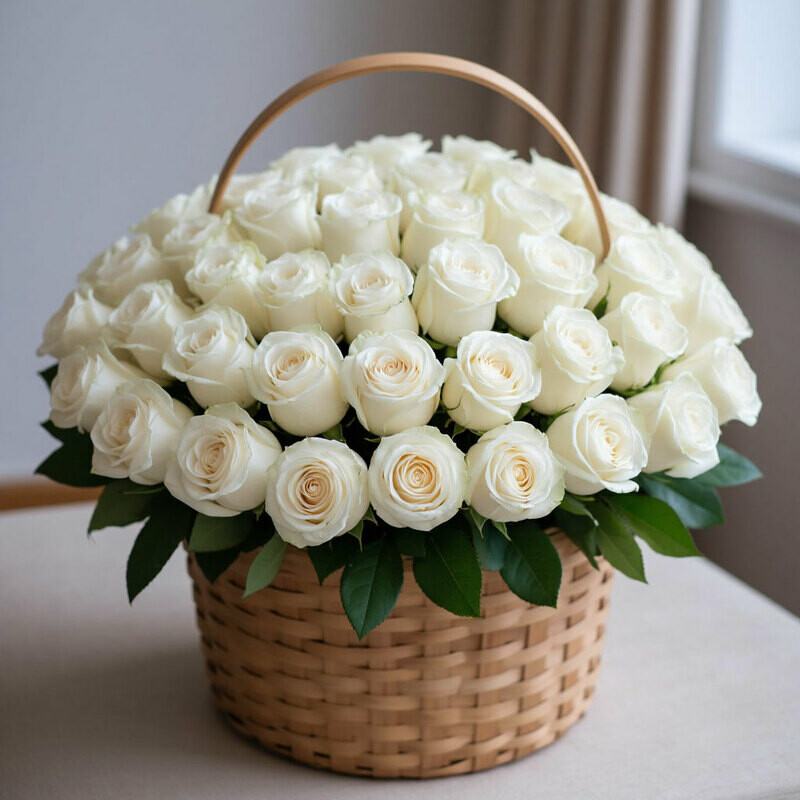 Белые розы в корзине, премиум