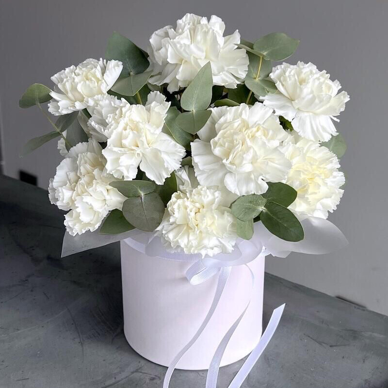 «Белоснежка» композиция из диантусов и эвкалипта, стандартный