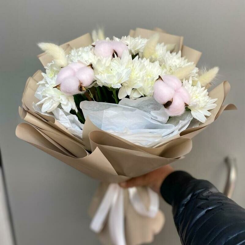 Букет из хризантемы,хлопка и лагуруса, стандартный