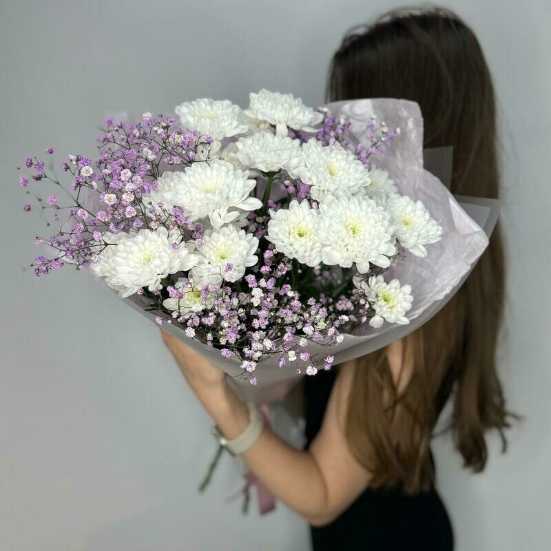 Букет белые хризантемы и гипсофила, стандартный