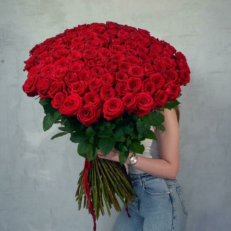Премиальный букет из 101 красной розы, монобукет из 101 розы