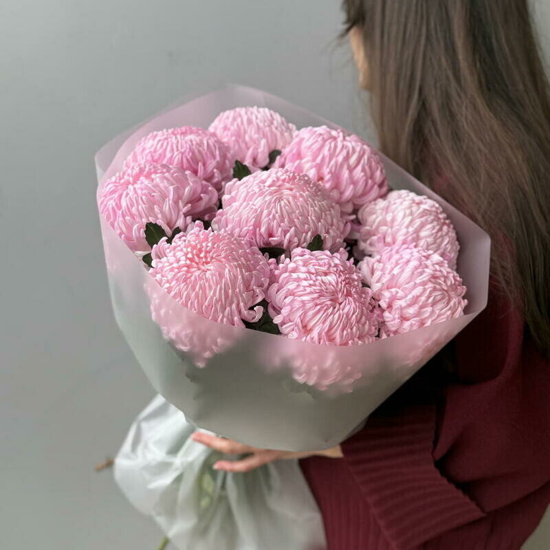 Монобукет из розовых хризантем 9шт., монобукет из 9 хризантем