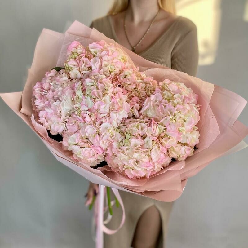 7 розовых гортензий в букете, монобукет из 7 гортензий