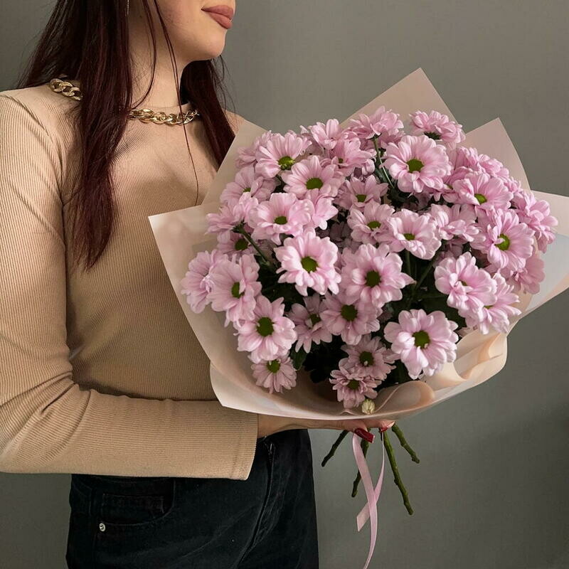 Букет из розовых хризантем ромашек, монобукет из 5 хризантем