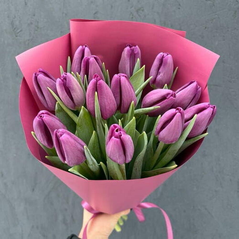 Букет из фиолетовых тюльпанов 15шт, букет из фиолетовых тюльпанов 15шт