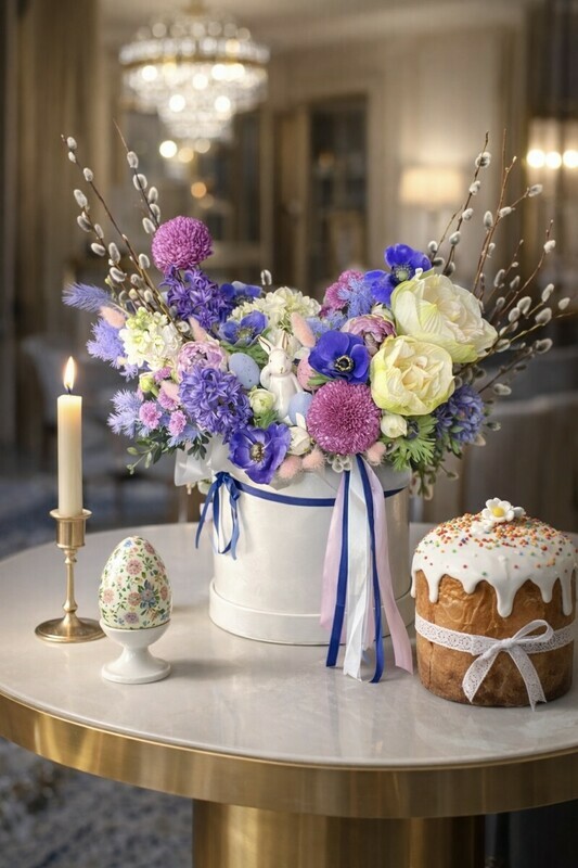 Пасхальная композиция: верба, гиацинт, тюльпан, анемоны, амариллис, делюкс