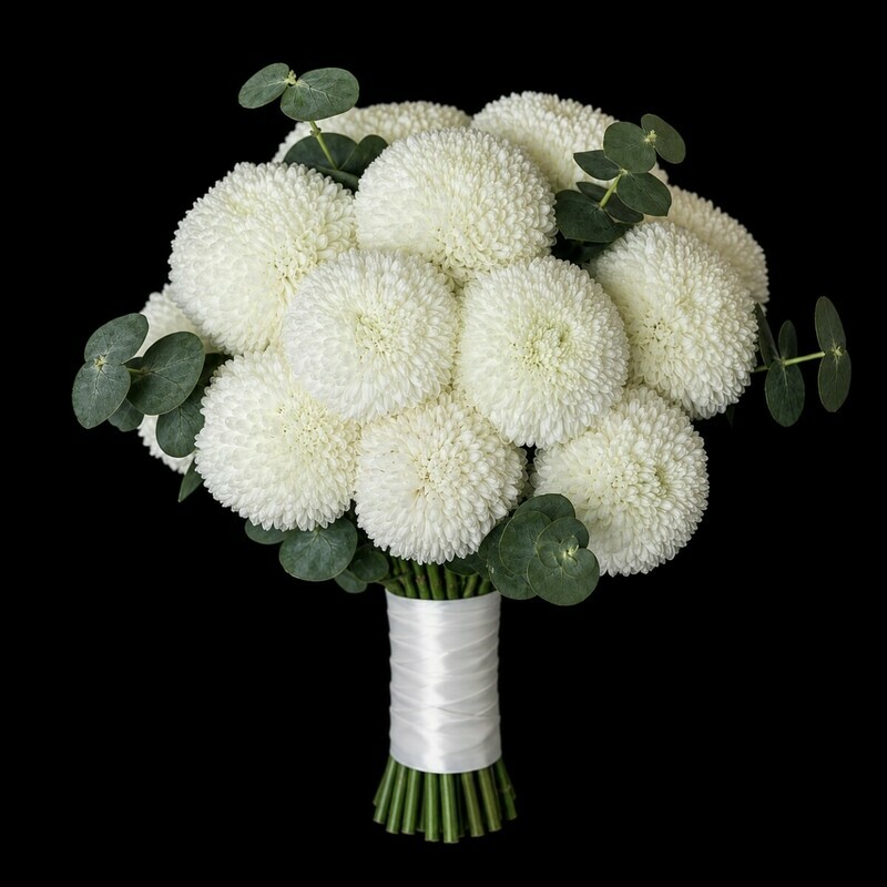 Bride's bouquet of chrysanthemums 17 pieces \\ Feelings, 17 belih hrizantem pompon i evkalipt