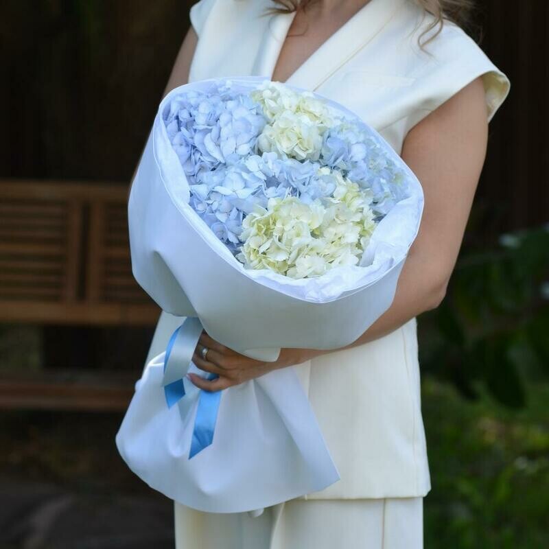 Букет из гортензий «Небеса», 5 веток гортензий в бело-голубом цвете