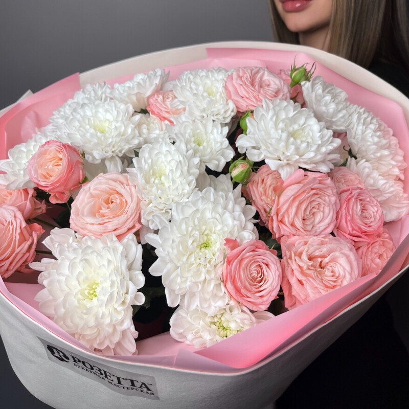 Букет Хризантема кустовая с кустовой розой, стандартный